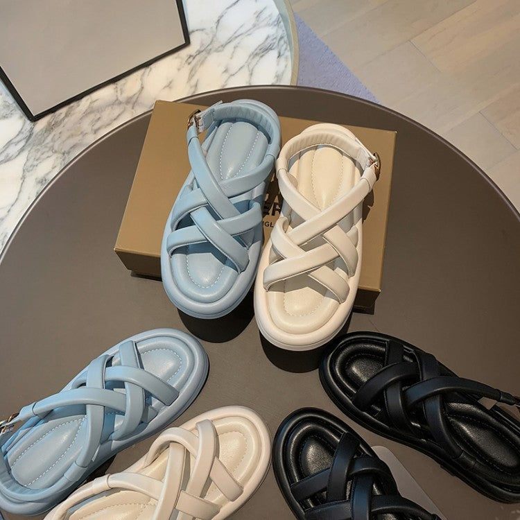 Blue Flat Roman Sandals With Cross Straps