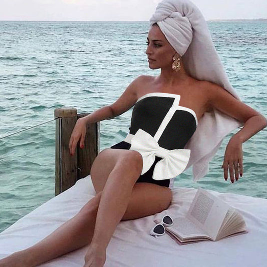 Black And White Color-blocking Bow Irregular Tube Top One-piece Swimsuit For Women