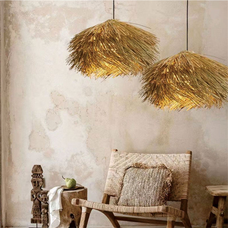 Japanese Wabi Sabi Style Rattan Woven Straw Hat Pendant Light