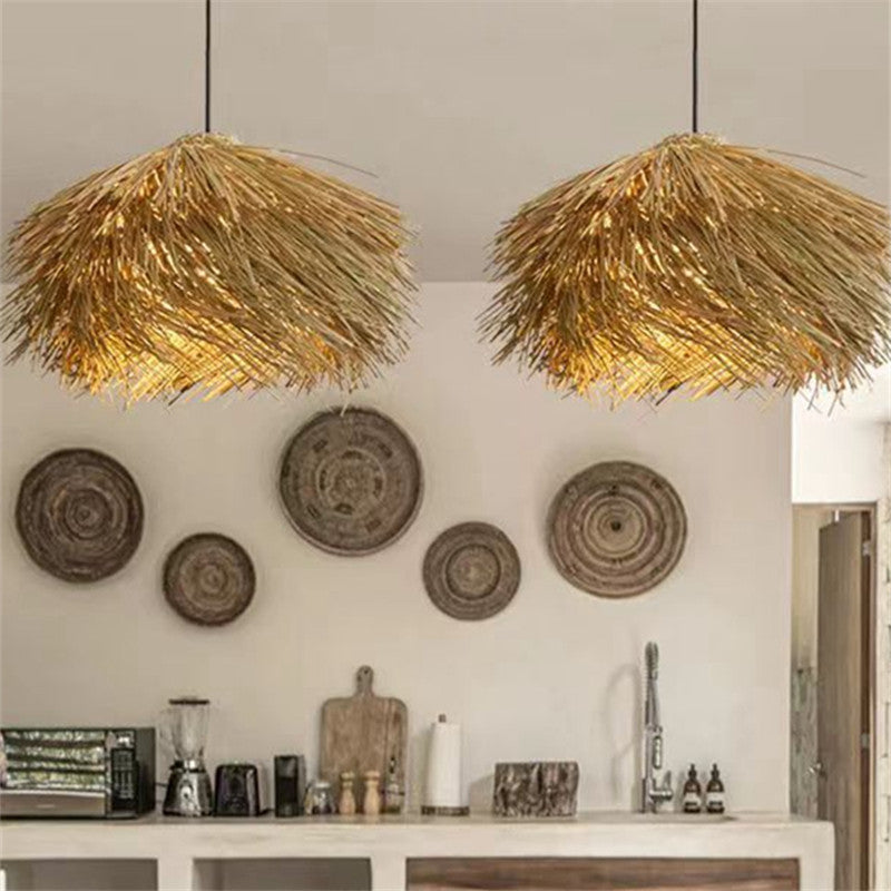 Japanese Wabi Sabi Style Rattan Woven Straw Hat Pendant Light