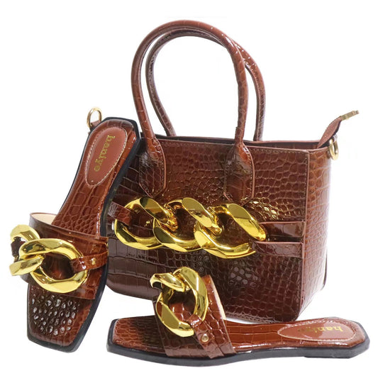 Snakeskin Chain Slippers With Elegant Handbag