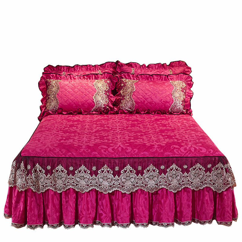 Korean Style Velvet Quilted Bed Skirt Solid Color European Style