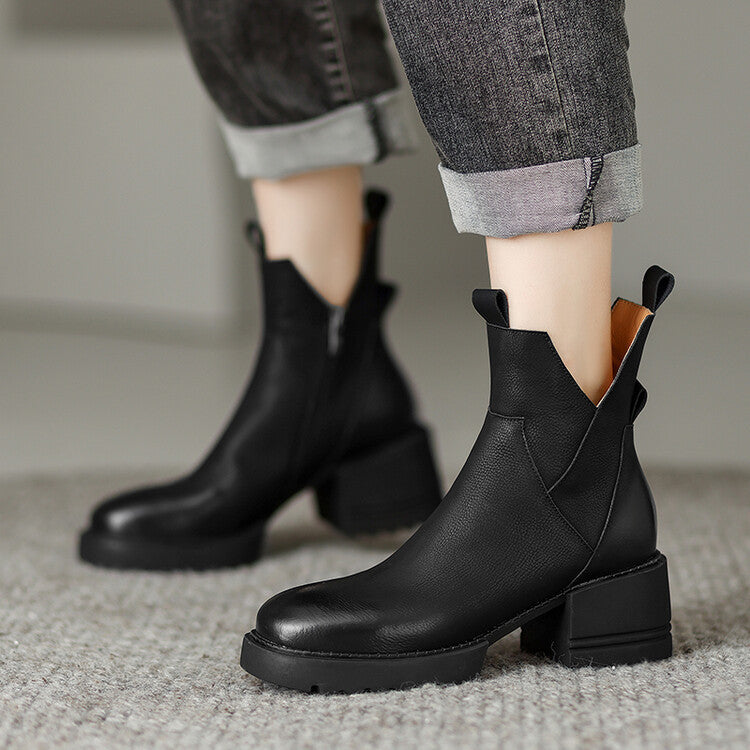 Women's Vintage V Mouth Chunky Heel Martin Boots