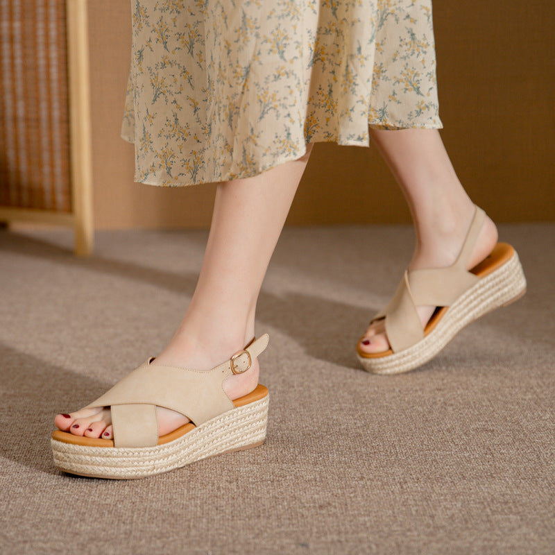 Women's Cross Strap Fish Mouth Wedge Heel Hemp Rope Platform Platform Sandals
