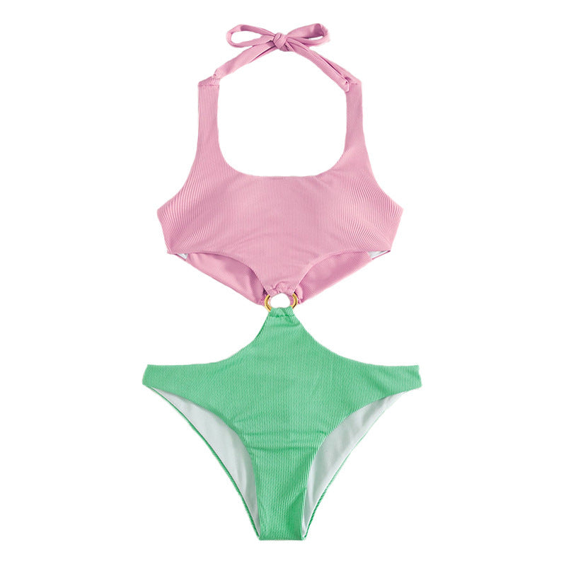 New One Piece Swimsuit U Neck Low Waist Bikini Ring Decoration