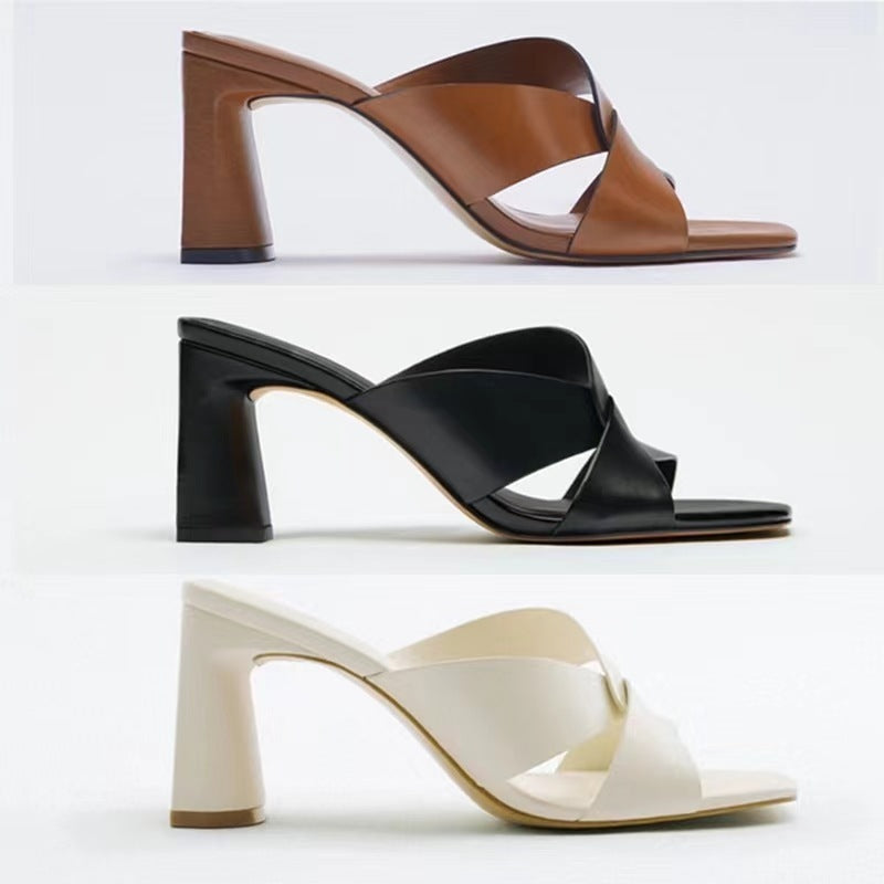 Women's Leather Square Toe High Heel Fashion Sandals