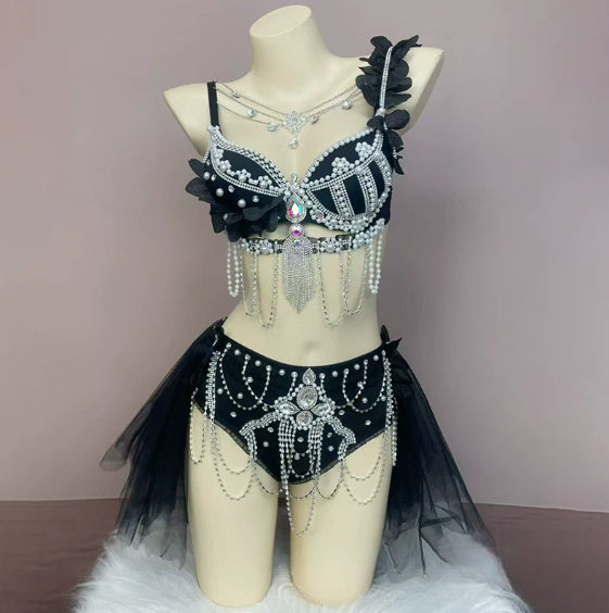 Smokey Blue Shining Chain Vacation Style Bikini Suit