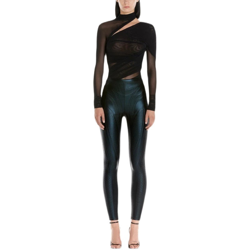 Irregular Turtleneck Mesh Hollow Printed One-shoulder Top