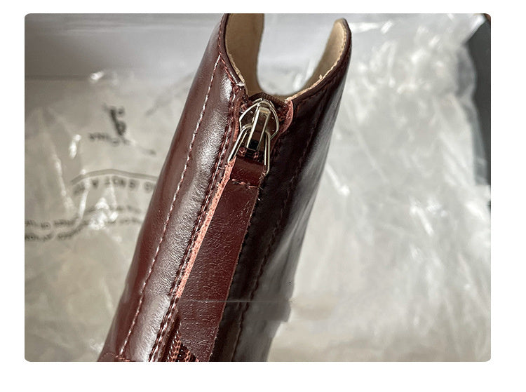 Horse Oil Cowhide Thick-soled Thick High-heel Round-toe Short Boots