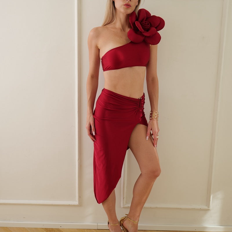 Women's Two-piece Swimsuit Solid Color Three-dimensional Big Flower