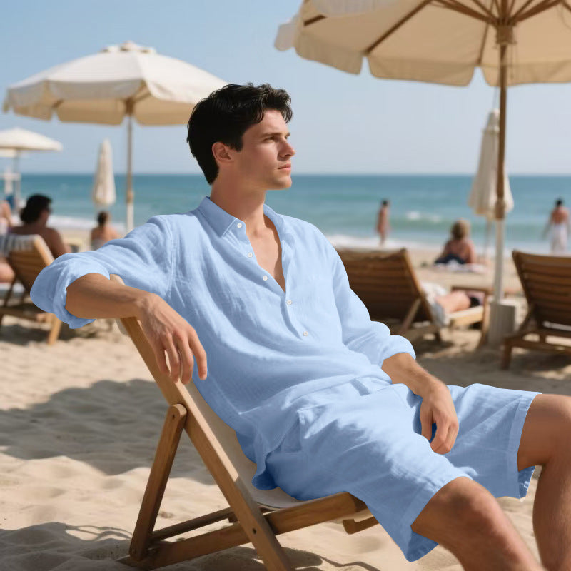 Long Sleeve Shirt Casual Shorts Beach Suit