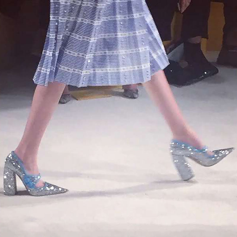 Women's Catwalk Style French Pointed Toe Silver Sequined High Heels