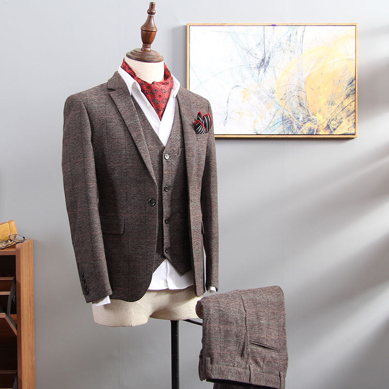 Retro British Suit Men's Three-piece Slim Plaid