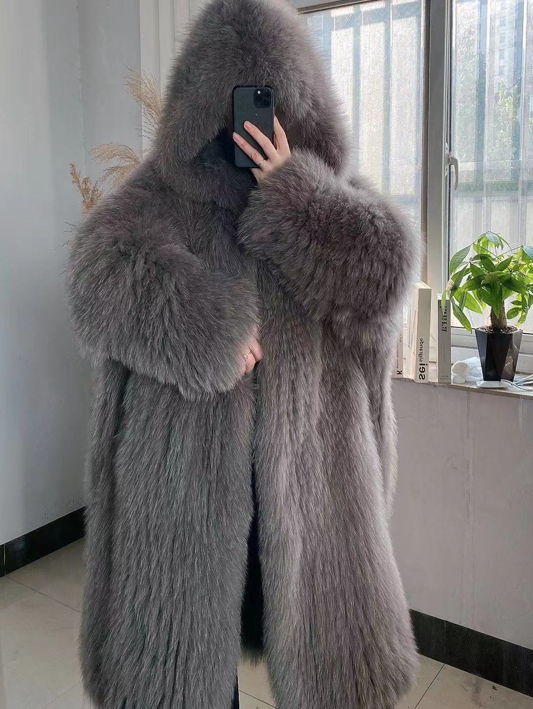 Gray Braided Fox Fur Hooded Loose Over The Knee Fur Coat