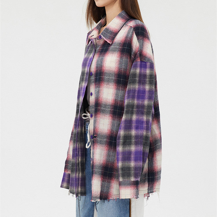 Women's Loose Two Tone Panel Plaid Ripped Shirt