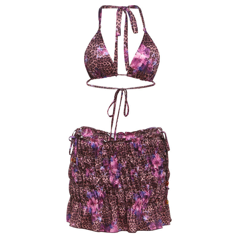 Summer New Sexy Hot Girl Printed Lace Up Bikini Skirt Seaside Three-piece Suit