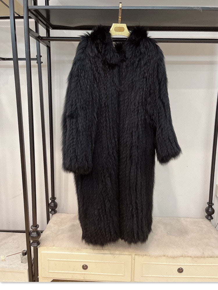Gray Braided Fox Fur Hooded Loose Over The Knee Fur Coat