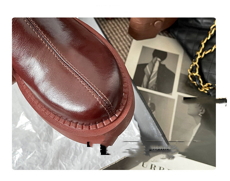 Horse Oil Cowhide Thick-soled Thick High-heel Round-toe Short Boots