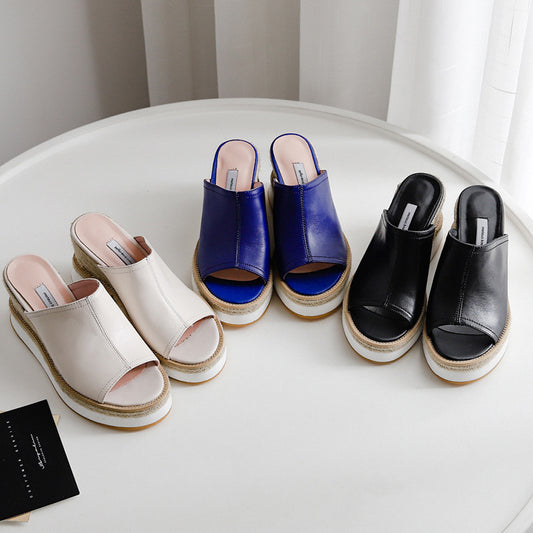 Straw Leather Wedge Sandals And Slippers