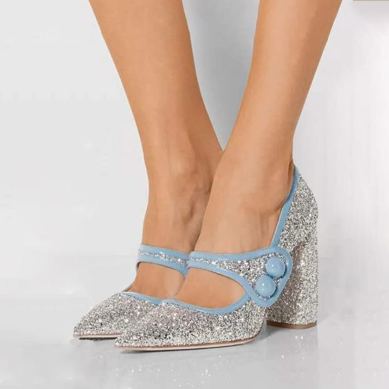 Women's Catwalk Style French Pointed Toe Silver Sequined High Heels