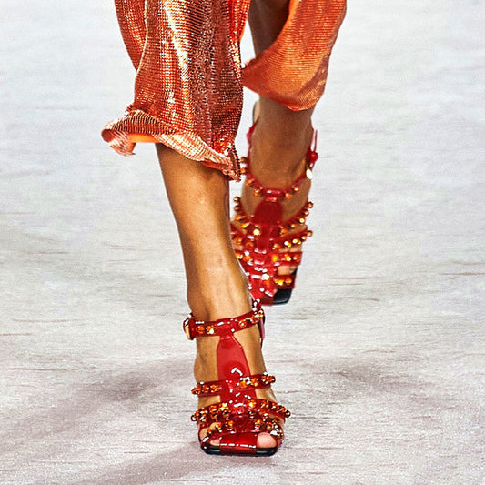 Rhinestone Stud Transparent Roman Fashion Plus Size Heel Sandals