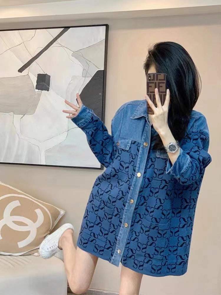 Vintage Jacquard Denim Stitching Knitted Shirt All-match Women's Jacket