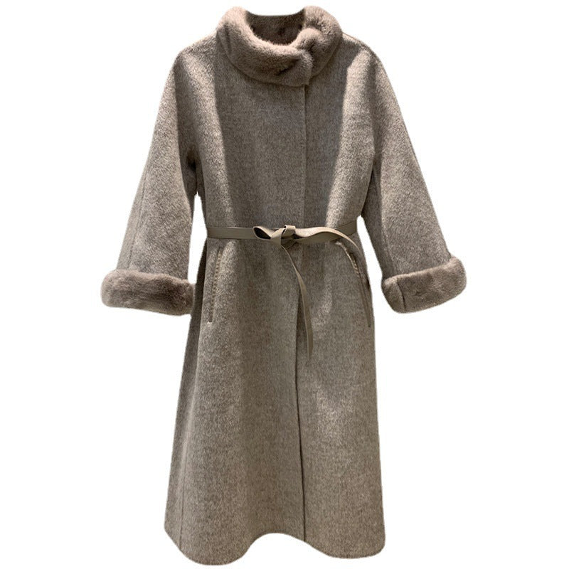 Mink Fur Lace Up Slim Fit Wool Overcoat