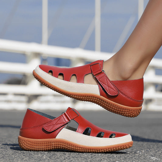 Plus Size Flat Heel Sandals Women's Toe Cap Hollow Breathable
