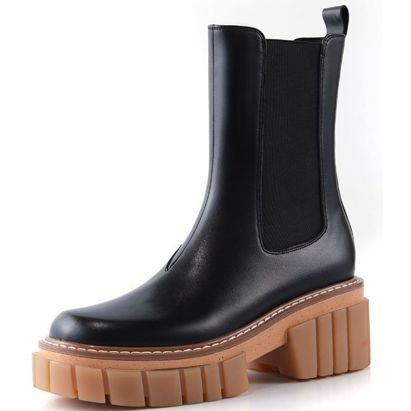 Round Toe High Heeled Leather Platform Retro Martin Ankle Boots