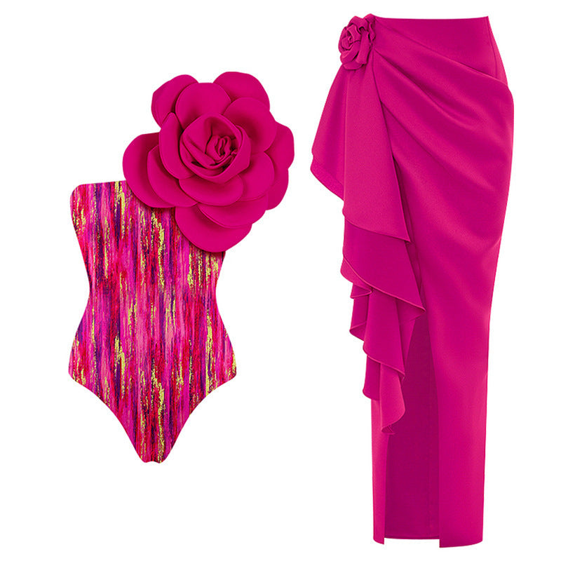 Women's Printed Three-dimensional Large Flower One-shoulder Swimsuit
