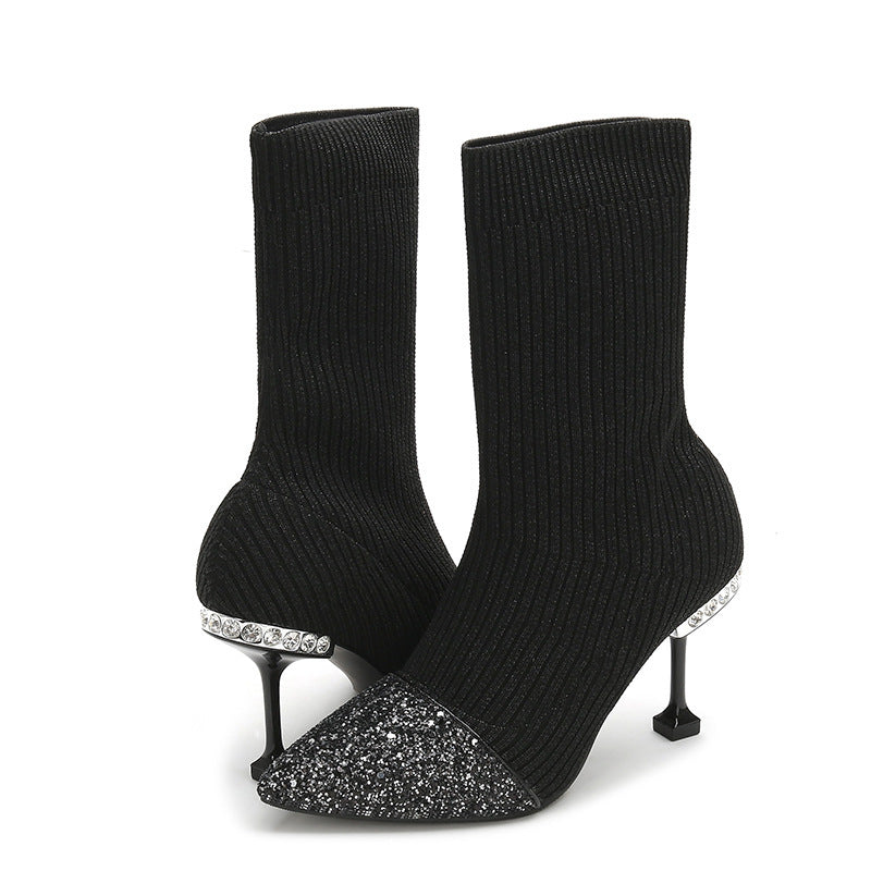 Fashion New Knitted Stitching GREAT Sequined Ankle Boots Autumn And Winter Slimming Knitted Fur Boots Pointed Stiletto Heel Socks Boots