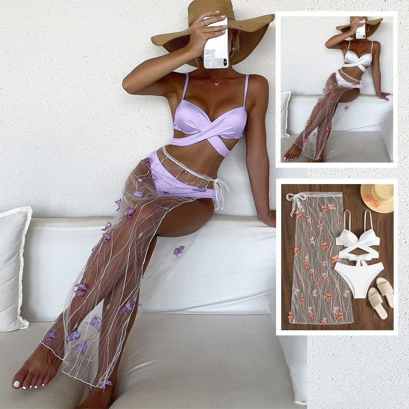 Three-piece Long Skirt Solid Color Lace-up Swimsuit