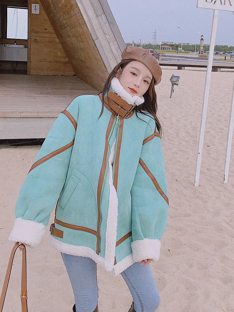 Women's Fashion Contrast Color Lamb Wool Coat