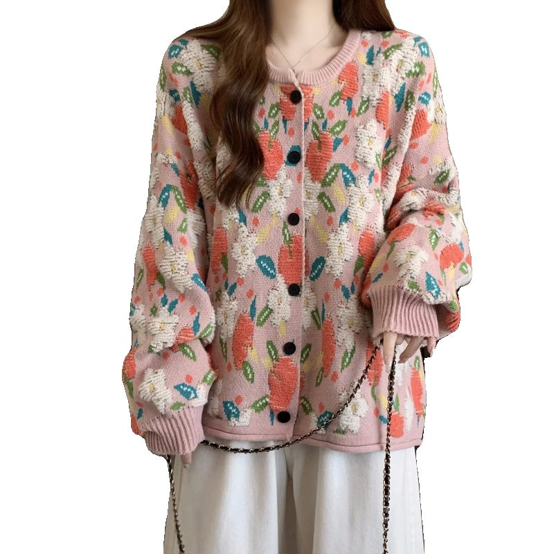 Popular Beautiful Sweater Coat Early Fat Sister Slimming Retro Floral Knitted Cardigan Top