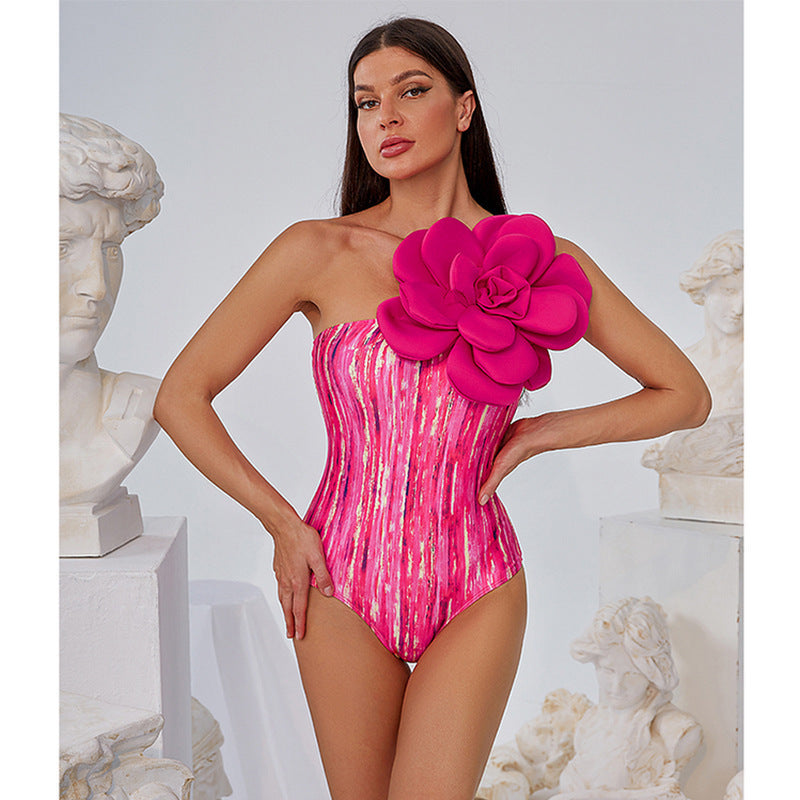 Women's Printed Three-dimensional Large Flower One-shoulder Swimsuit