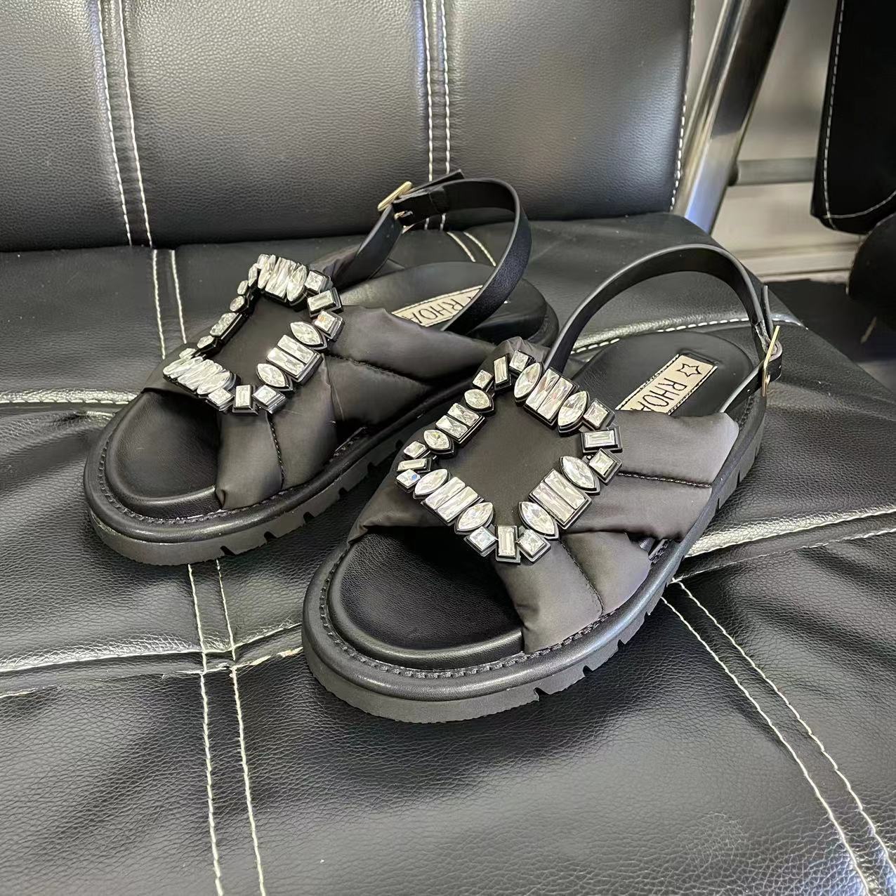 Women's Fashion Casual Rhinestone Square Buckle Flat Sandals