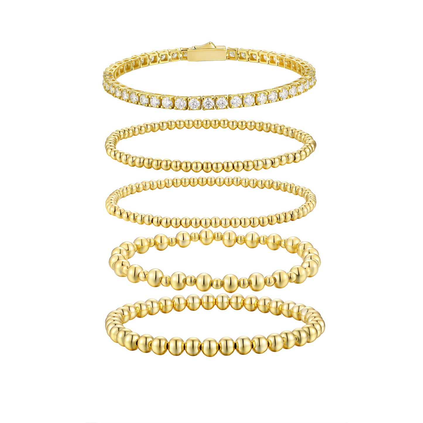 Moissanite Round Beads Classic Style Gold Twin 5-piece Bracelet Set Does Not Fade