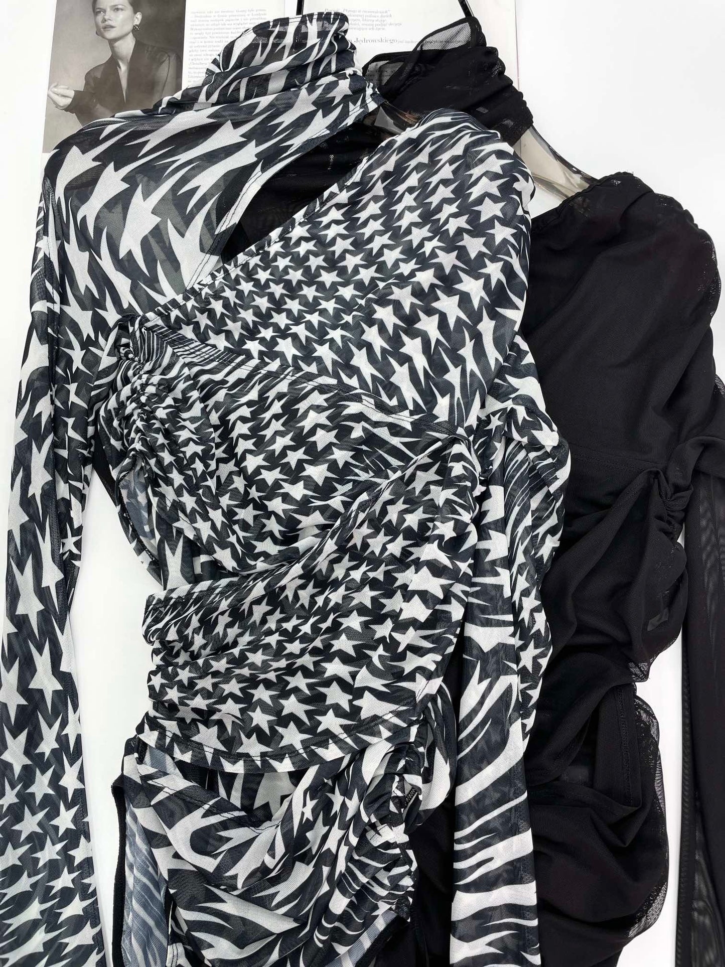 Irregular Turtleneck Mesh Hollow Printed One-shoulder Top