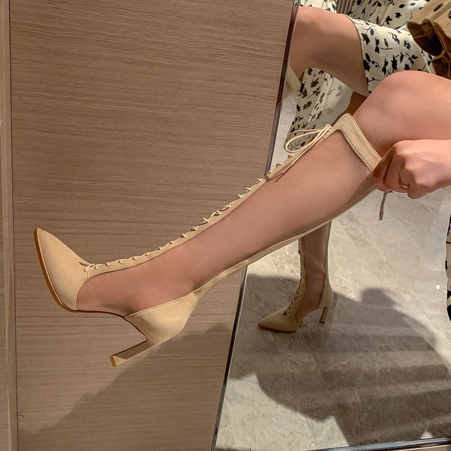 Stiletto Heels Pointy Toe Cross Strap Sandal Boots Mesh Fashion